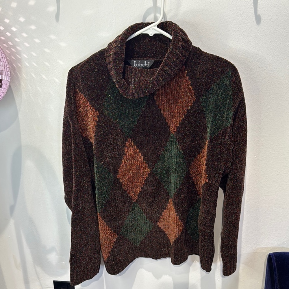 Rafaella Brown Green Argyle Chenille Turtleneck Sweater Women's Large
